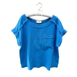UMGEE | Blue Cotton Gauze Pocket Short Sleeve Top Boho Summer | Small